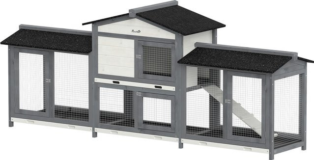 PawHut Hasenstall aus Holz mit 2 Etagen und Asphaltdach, winterfester Kaninchenstall für 2-4 Zwergkaninchen, grau, B/T/H: 230 x 53 x 93,5 cm - Bild 1
