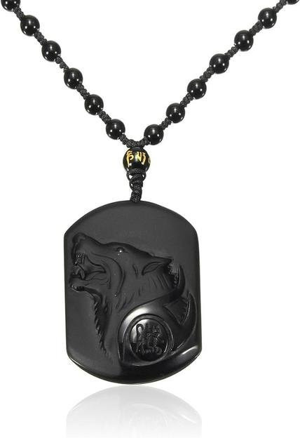 Wucifang Jewelry Halskette, Wolfskopf-Amulett-Anhänger, Obsidian, Schwarz, Edelstahl, Herren - Bild 1