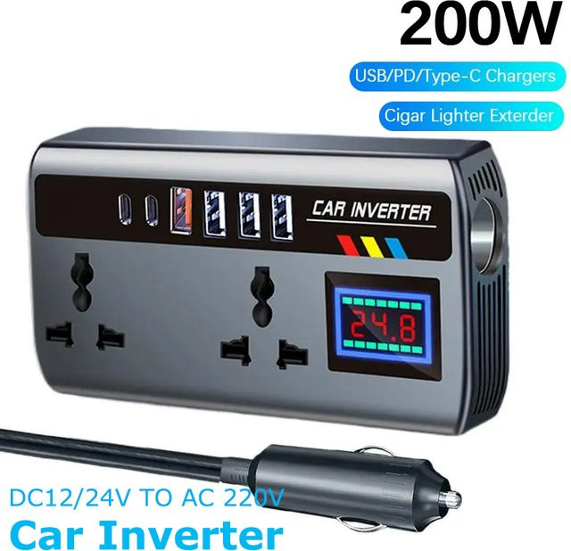 KEBETEME Tragbarer Auto-Wechselrichter 12 V/24 V auf 220 V mit 3 USB-Anschlüssen für Auto, LKW, SUV und Wohnmobil - Bild 1
