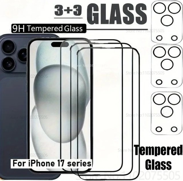 6-teiliges Schutzset für iPhone mit 3 Stück HD Panzerglas mit schwarzem Rand und 3 Stück Objektivschutz in Schwarz und Transparent - Bild 1