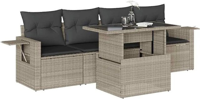 vidaXL 5-teilige Garten-Sofagarnitur aus Poly-Rattan mit Kissen in Hellgrau - Bild 1