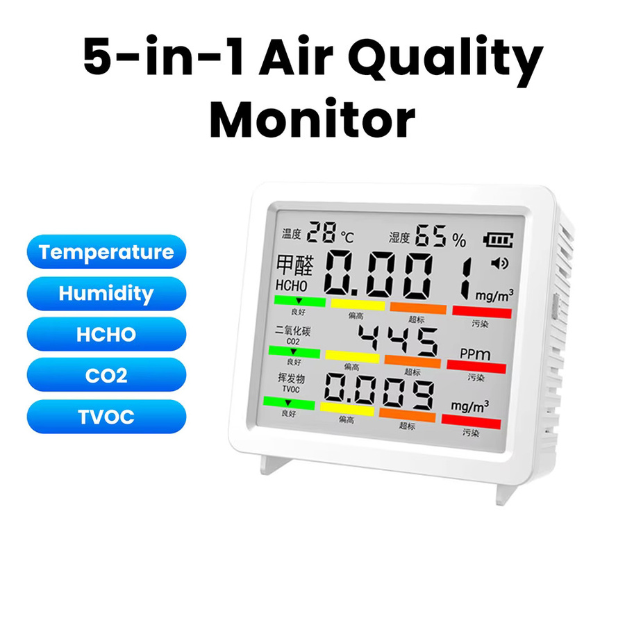 Gaqqee 5-in-1 Luftqualitätsdetektor in Schwarz: CO2-Tester, Formaldehyd-Monitor (HCHO), TVOC-Messgerät sowie Temperatur- und Feuchtigkeitsmesser mit Typ-C-Schnittstelle - Bild 4