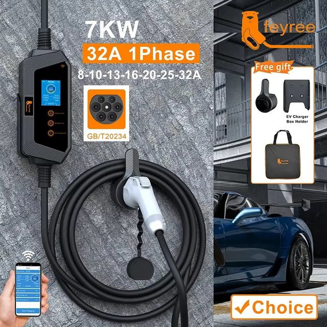 Feyree Einstellbares EV-Ladegerät 7KW 32A mit GBT-Steckdose, Bluetooth-App-Steuerung und Ladezeitsteuerung, Schwarz - Bild 1