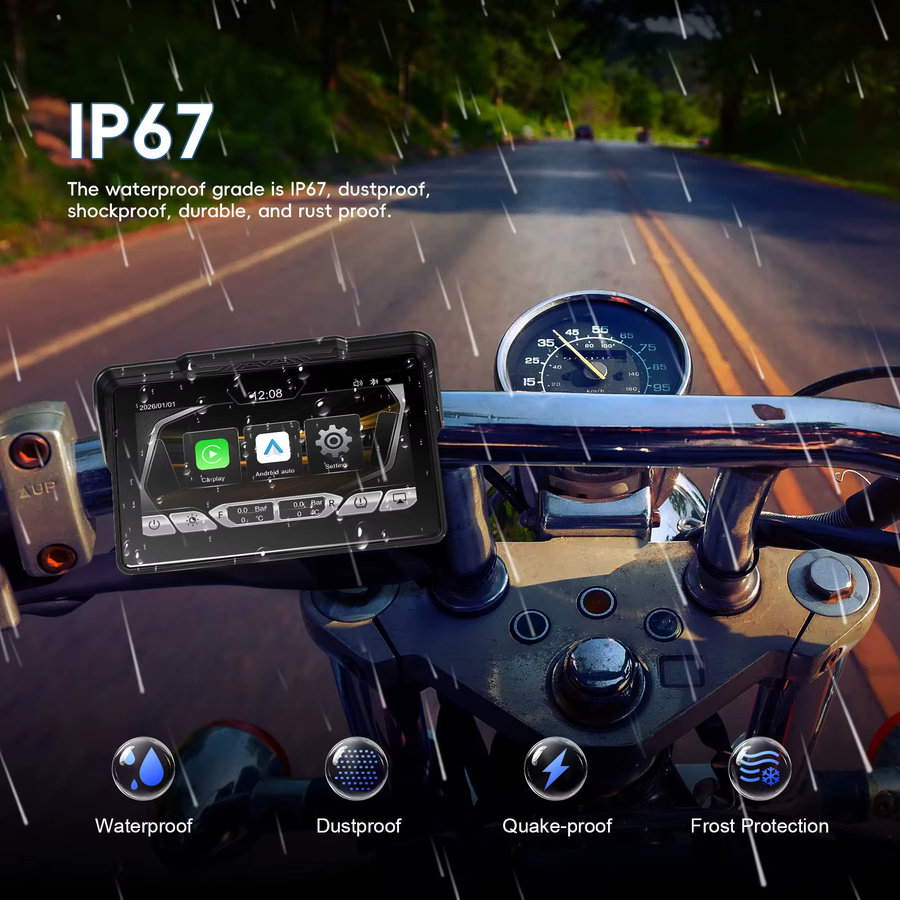 Podofo 7 Zoll Kabelloser CarPlay und Android Auto Motorrad-Player, IP67 Wasserdichter Smart-Navigationsmonitor mit Touchscreen und Bluetooth, Schwarz - Bild 6