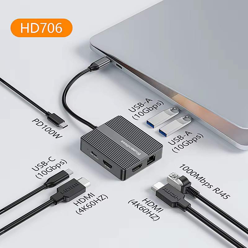 Blueendless 7in1 USB C Hub USB 3.2 Adapter Typ C Dockingstation für Laptop mit 4K 60Hz Dual HDMI, RJ45 Ethernet und PD Schnellladung - Bild 2