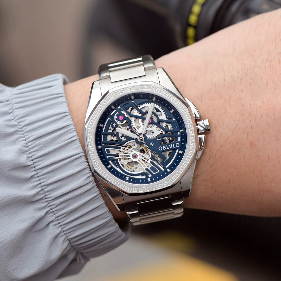 OBLVLO Armbanduhr Herren, Automatik, Edelstahl, blaues Zifferblatt, eckig - Bild 2