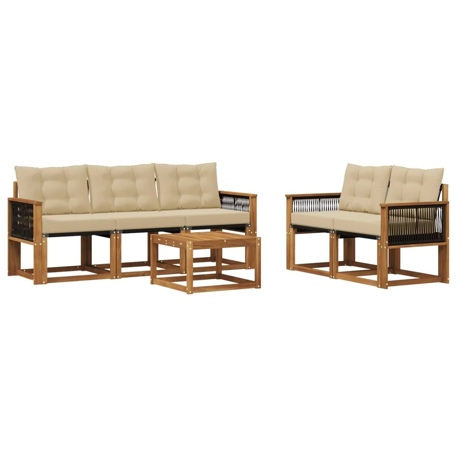 vidaXL Outdoor-Sofagarnitur aus Akazienholz und Textilene in Natur und Beige mit 6-teiligem Set inklusive Kissen und Tisch - Bild 2