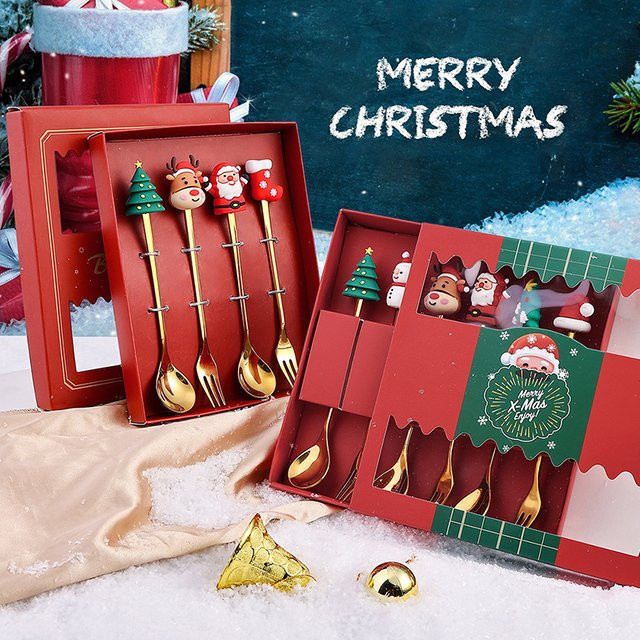 HUXUAN Weihnachts Besteckset aus Edelstahl mit Elch-Design in Gold, Löffel und Gabel für Dessert und Kaffee - Bild 1