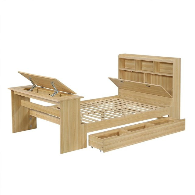 Merax Jugendbett mit Stauraum Regal und Klapptisch in Natur Braun und Beige, B/T/H: 140 x 200 x 111 cm - Bild 1