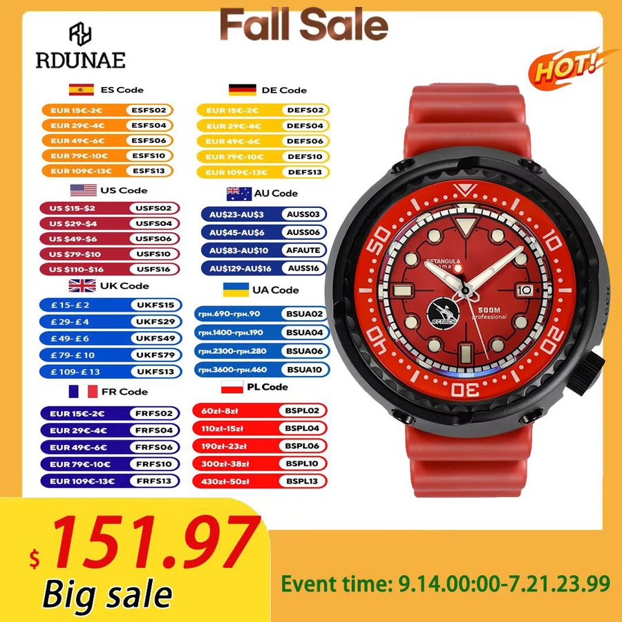 RDUNAE Armbanduhr Automatik, Saphirglas, 52 mm, Kautschuk, Herren, Schwarz - Bild 5