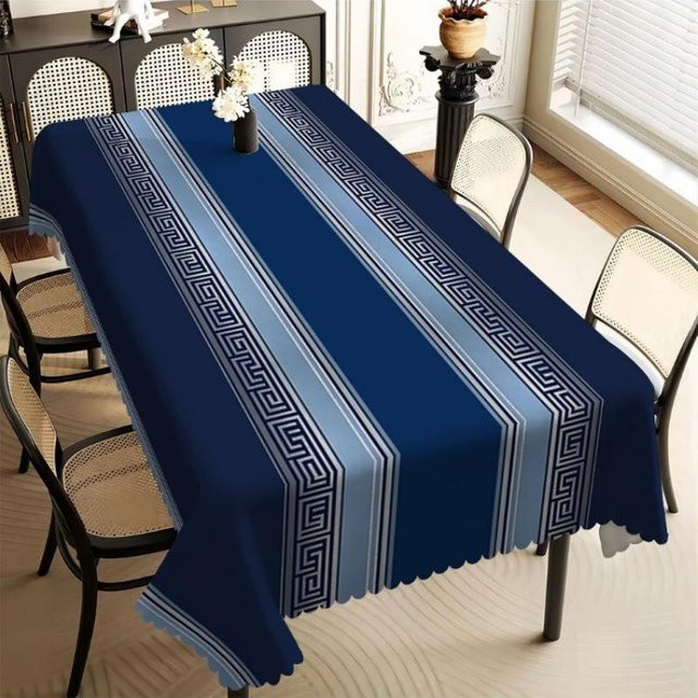 Stilvolle blaue Tischdecke von JMG Household Supplies mit Griechischem Schlüsselmuster und Streifendesign, wasserabweisend aus Polyester, B/T: 100 x 140 cm - Bild 1