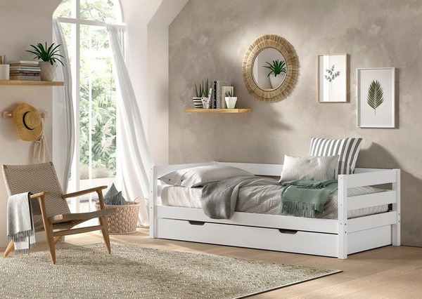 VIPACK Funktionsbett aus Kiefer mit Bettschublade und Rolllattenrost, Weiß lackiert, B: 90 cm, L: 200 cm