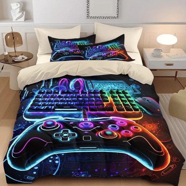 3-teiliges Bettwäsche-Set mit Neon-Game-Controller-Aufdruck, Multicolor, B/B: 135 x 200 cm, inklusive 1 Bettbezug und 2 Kissenbezügen - Bild 1