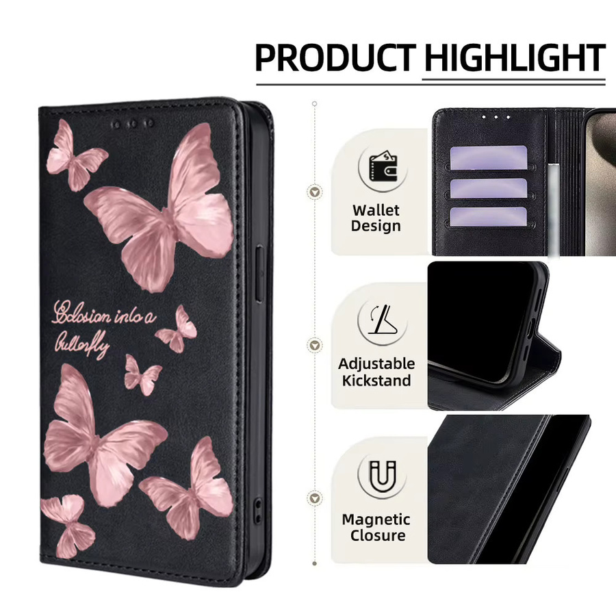 Samsung Wallet Cover mit Schmetterlingsmuster in Rosa für Galaxy S25 Ultra S25 FE S24 S23 S22 Plus Flip A17 A07 A56 A36 A26 aus Leder - Bild 3