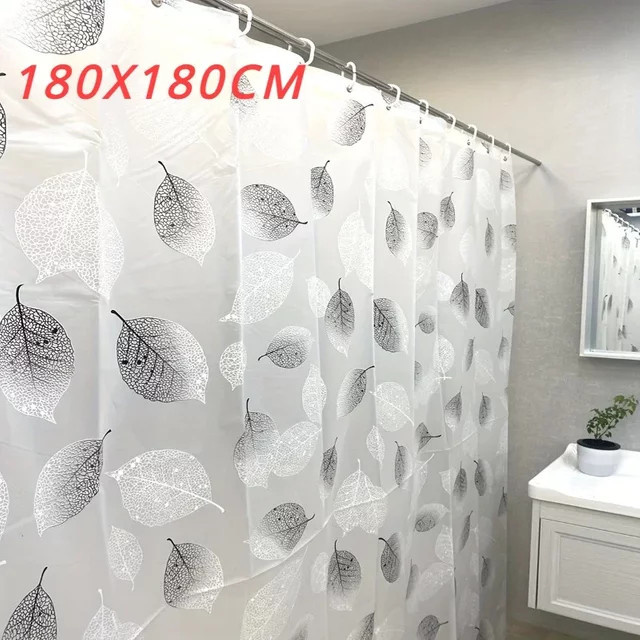 Wasserabweisender Duschvorhang aus Polyester mit grauem Blättermuster in Weiß, B/H: 90 x 180 cm - Bild 1