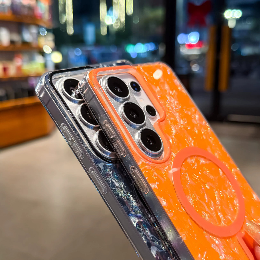Glitzernde Handyhülle mit Muschelmuster für Samsung Galaxy S26, S25 Ultra und S24 FE in Orange mit Magnetfunktion und kabellosem Laden - Bild 1
