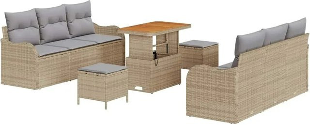 vidaXL 9-teiliges Gartensofa-Set in Beige aus Polyrattan und Akazienholz mit Kissen und Wetterschutzabdeckung - Bild 1