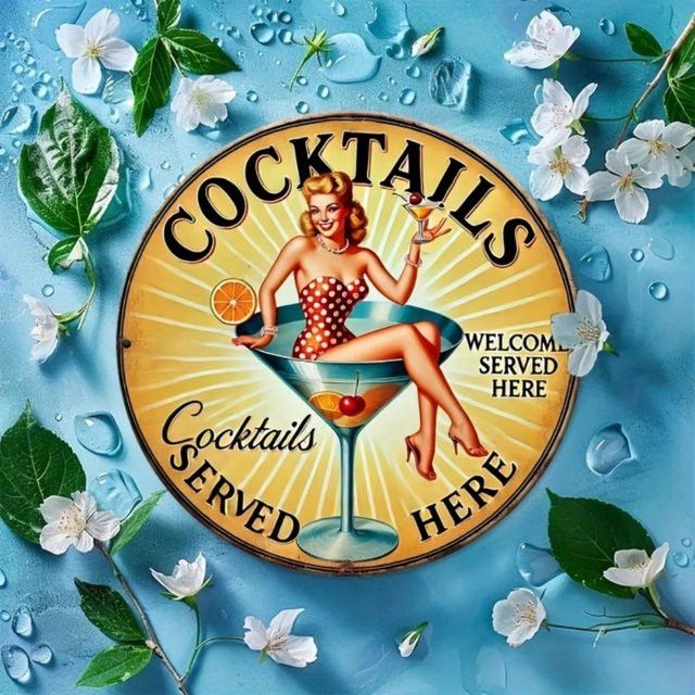 CIFBUY Vintage Wandkunst aus Aluminium im Champagner-Frucht-Design, rundes Metallschild für Cocktails, Durchmesser: 20 cm, Multicolor - Bild 1
