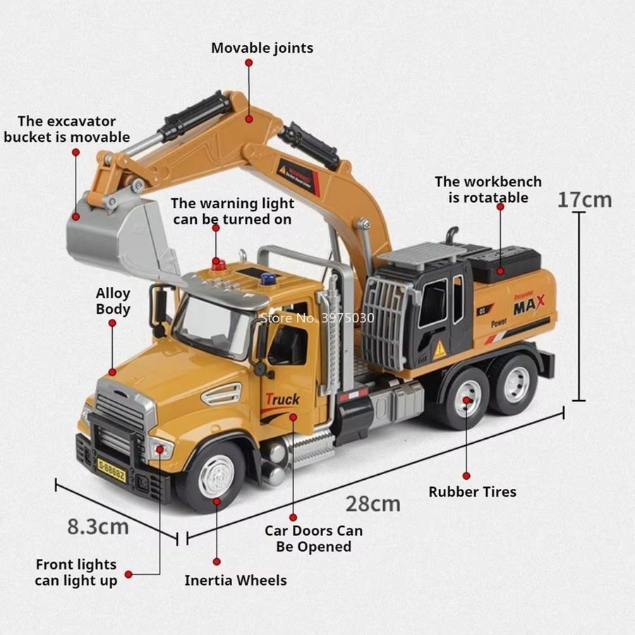 MAKEDA Beton Mixer Lkw Bagger Kran Transport Fahrzeug, Spielzeug Auto, Metall, mit Licht und Sound - Bild 1