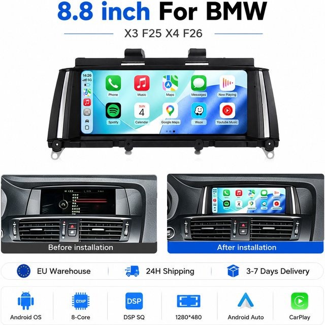 MEKEDE Android Autoradio Multimedia-Player für BMW X3 F25 und X4 F26 (2011-2016), 8,8 Zoll Display, 4G WLAN, GPS-Navigation, Bluetooth, Wireless CarPlay und Android Auto, Schwarz - Bild 1