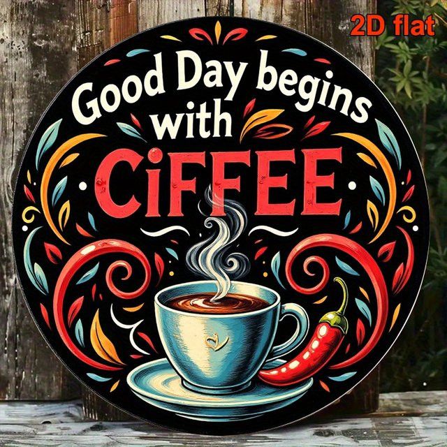 Potdemiel Rundes Aluminiumschild Guten Tag beginnt mit Kaffee Vintage Blumen Wanddekoration Multicolor Durchmesser: 20,32 cm - Bild 1
