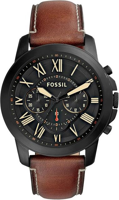 Fossil Grant Chronograph, Schwarzes Zifferblatt, Braunes Lederarmband, Herrenuhr - Bild 1