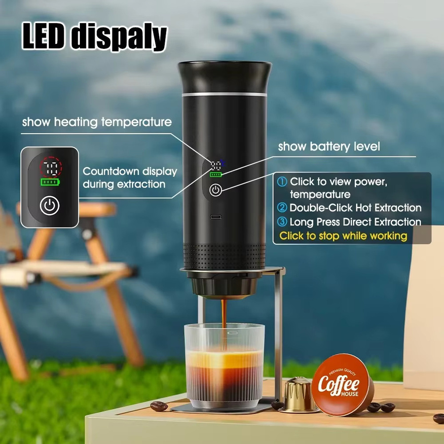 DENOKIN Tragbare Espressomaschine mit Digitalanzeige, 3-in-1-Kapselkaffeemaschine für Auto und Camping, Schwarz - Bild 2