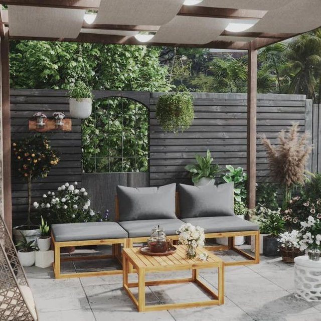Modulare Gartenlounge Prolenta bv aus geölter massiver Akazie in L-Form mit grauen, wetterbeständigen und abnehmbaren Kissen und passendem Outdoor-Couchtisch, 4-teiliges Set - Bild 1