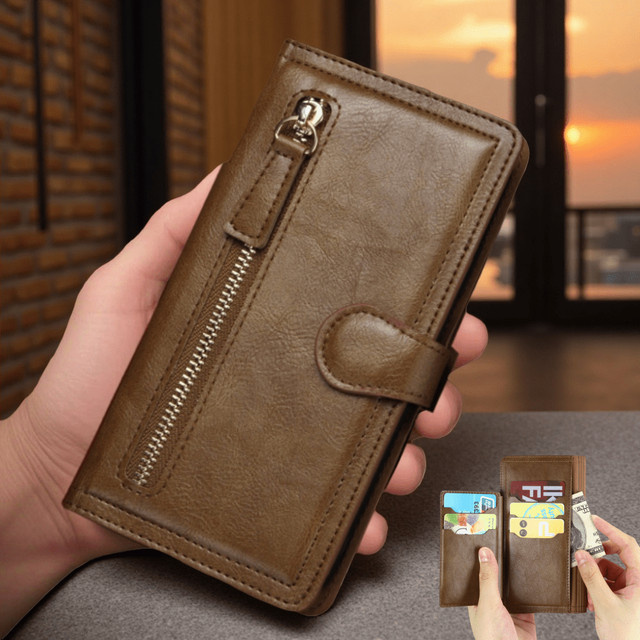 Kunstleder Flip Wallet Hülle mit Reißverschluss für vivo in Braun - Bild 1