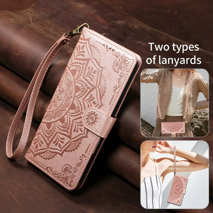 SZMUGUA Crossbody Handyhülle aus geprägtem PU-Leder mit Mandala-Design und Kartenhalter für iPhone, Farbe: Rot - Bild 2