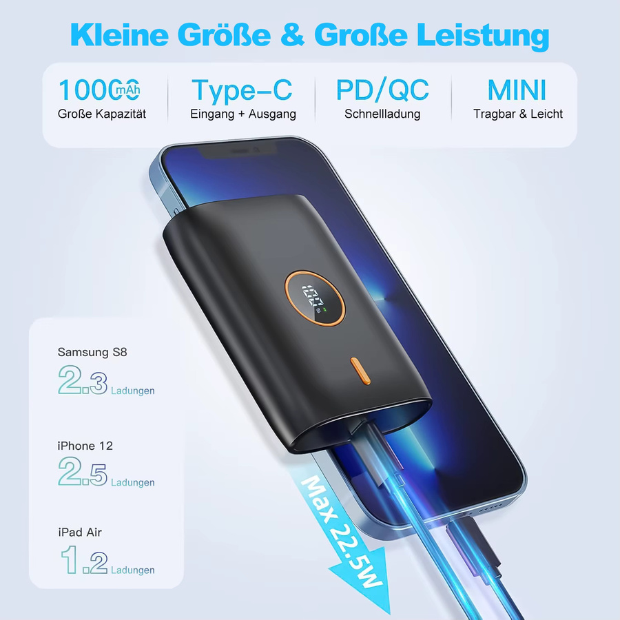 Hagnus Powerbank 10000 mAh mit 22,5 W Schnellladung und USB-C Eingang sowie Ausgang in Orange oder Schwarz - Bild 2