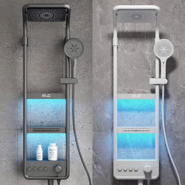WJNMONE Smart Badezimmer Duschsystem mit LED Digital Display und Thermostat Mischer in Weiß und Grau - Bild 1