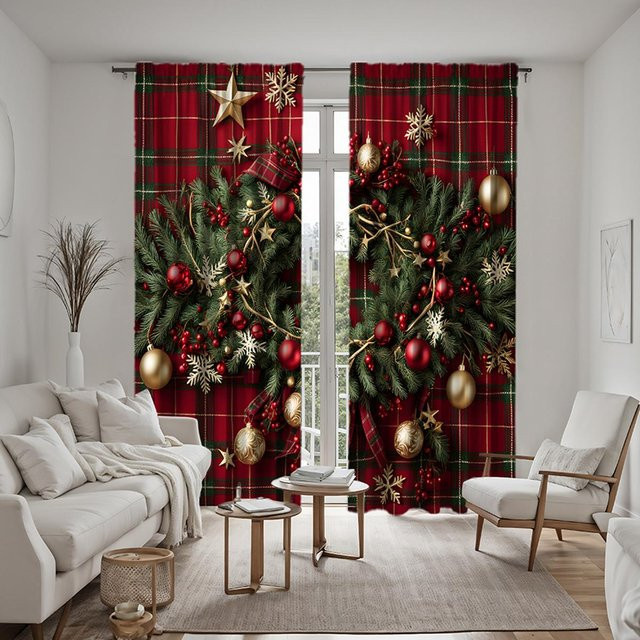 2er-Set Weihnachtsgirlande mit Rattan-Optik und farbigen Kugeln, dekorativer Vorhang mit grünem Band in Schwarz, B: 132 cm, H: 160 cm - Bild 1