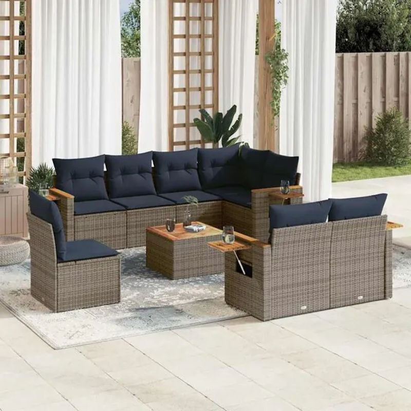 9-teilige Garten-Sofagarnitur mit Kissen aus Polyrattan in Grau von vidaxl - Bild 1