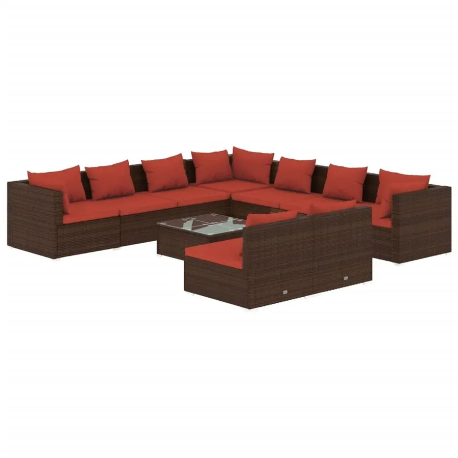 vidaXL 10-tlg. Garten-Lounge-Set in U-Form aus Poly-Rattan mit Kissen und Couchtisch, Braun/Rot - Bild 2
