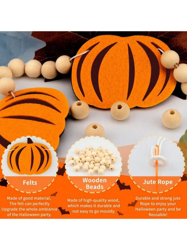 Halloween-Kürbis-Girlande aus Holzperlen und Filz in Orange als herbstliche Wanddekoration für dein Zuhause - Bild 4