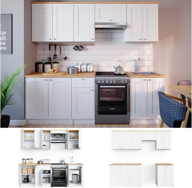 Vicco Küchenzeile Bergamo Landhaus Einbauküche in Weiß, Breite: 240 cm - Bild 1