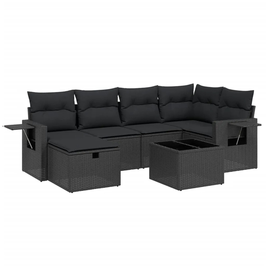 vidaXL 7-tlg Garten-Sofagarnitur in L-Form aus Poly-Rattan in Schwarz mit Kissen und Armlehnen - Bild 2