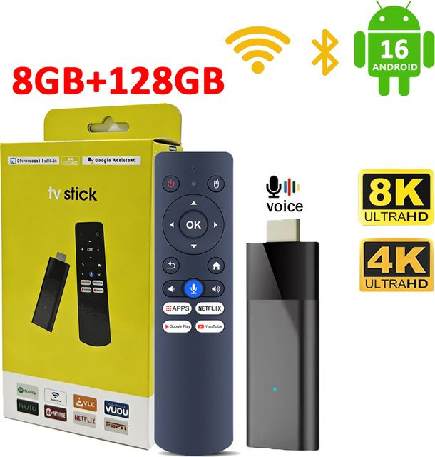 UOSU Android 16 TV Stick Q12 Media Player in Schwarz mit 8GB RAM und 128GB Speicher, Allwinner H313 Quad Core, 4K HDR, Dual WLAN und Bluetooth mit Sprachassistent - Bild 1