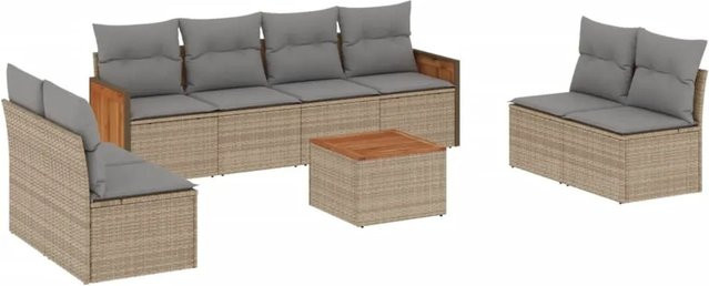 vidaXL 9-tlg. Garten-Sofagarnitur aus Polyrattan in Beige mit Kissen und L-Form für Terrasse und Garten - Bild 1