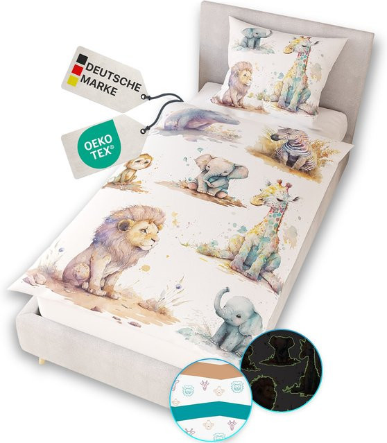 NYVI Renforce Kinderbettwäsche Glow in the Dark aus 100% Baumwolle, Farbe: Tierkinder, B/H: 135 x 200 cm - Bild 1