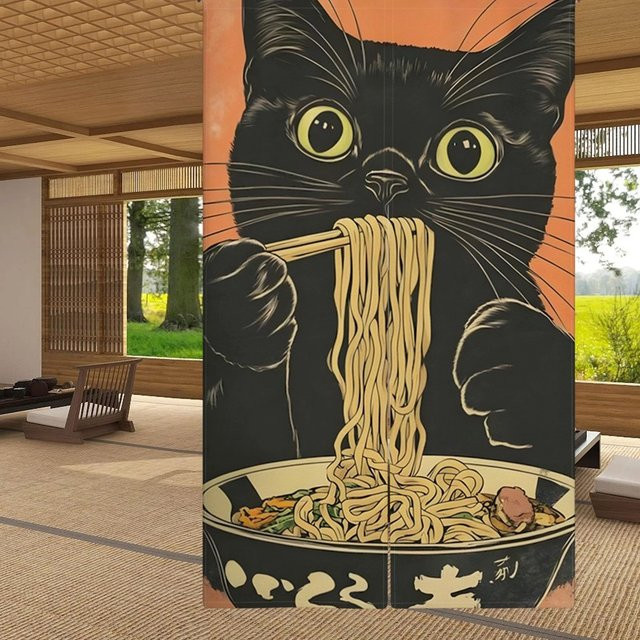 VIKAMA Japanischer Leinentürvorhang im Ramen Izakaya Stil, Mehrfarbiger Küchenteiler mit Grafik-Design, Breite: 90 cm, Höhe: 65 cm - Bild 1