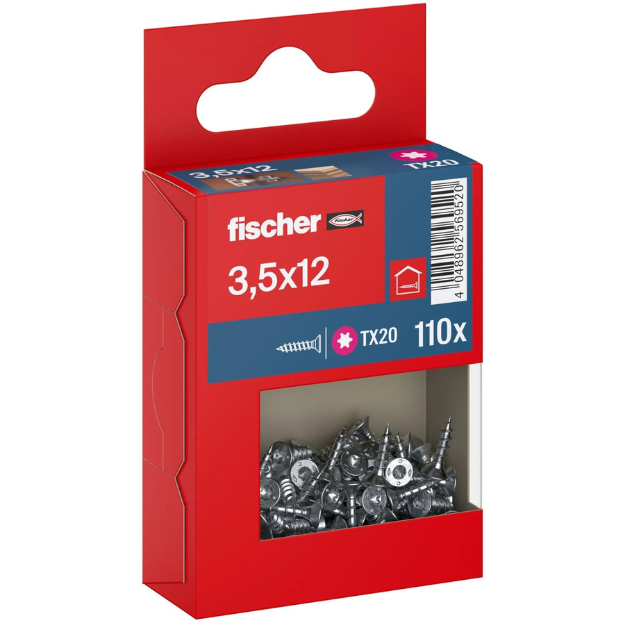 Fischer PowerFast II Senkkopf Schraube mit Torx-Antrieb und Vollgewinde aus verzinktem Stahl, Farbe: Silber, Durchmesser: 3,5 mm, Länge: 12 mm, 110 Stück - Bild 2