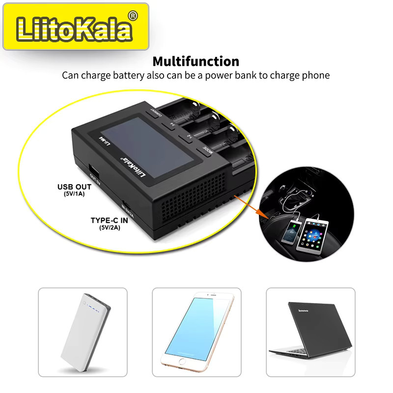 LiitoKala Lii-M4/M4S Smart Charger 4-Slot Schnellladegerät mit LCD-Display für Li-Ion und Ni-MH Akkus in Schwarz - Bild 3