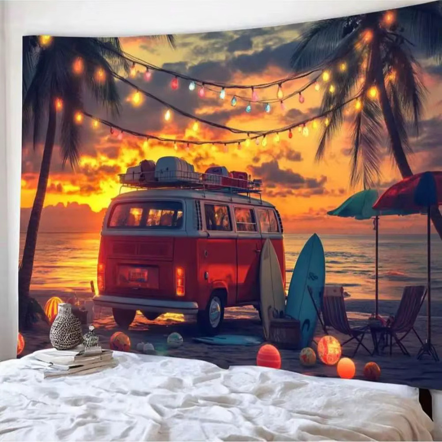 VIKAMA Wandteppich mit Sonnenuntergang am Meer und Naturmotiv, Mehrfarbig, Rechteckig - Bild 4
