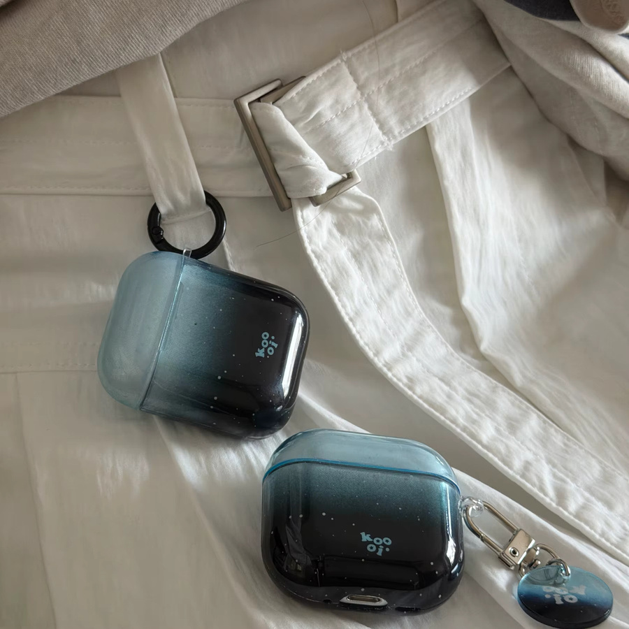 Transparente Kopfhörerhülle für Apple AirPods 1 2 3 4 Pro Pro2 Pro3 mit Ring im blau-schwarzen Wellenpunkt-Muster Farbverlauf - Bild 2