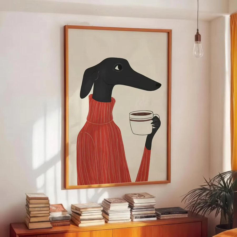 SHENCHEN Retro-Chic Wandbild mit schwarzem Hund im roten Rollkragenpullover und Kaffeetasse, minimalistischer Print auf Papier - Bild 3