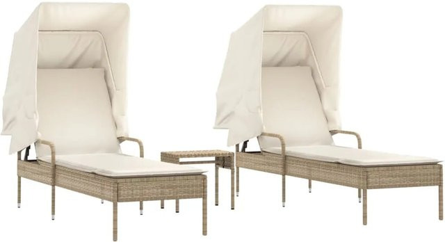 vidaXL Sonnenliegen Set aus 2 Stück in Beige mit Sonnendach und Tisch aus Poly Rattan, B/T/H: 62 x 200 x 130 cm - Bild 1