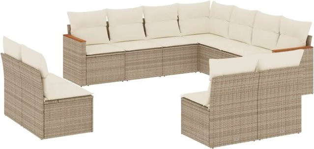 vidaXL 11-tlg. Garten-Sofagarnitur in U-Form aus Poly-Rattan und Akazienholz mit Kissen in Beige-creme - Bild 1