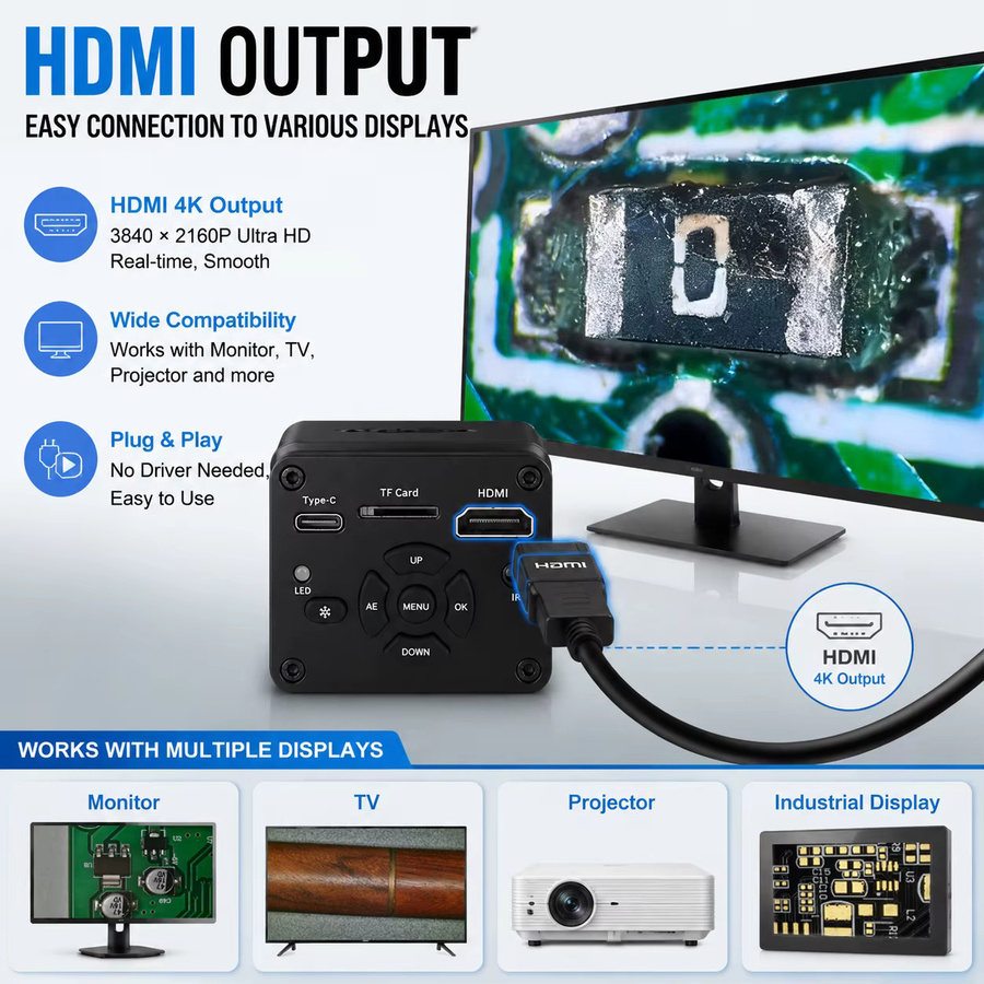 Digitales 4K Mikroskop von Nice-power mit IMX678 Sensor, HDMI und USB-C Anschlüssen, Schwarz, inklusive 150X Objektiv mit großem Arbeitsabstand - Bild 4